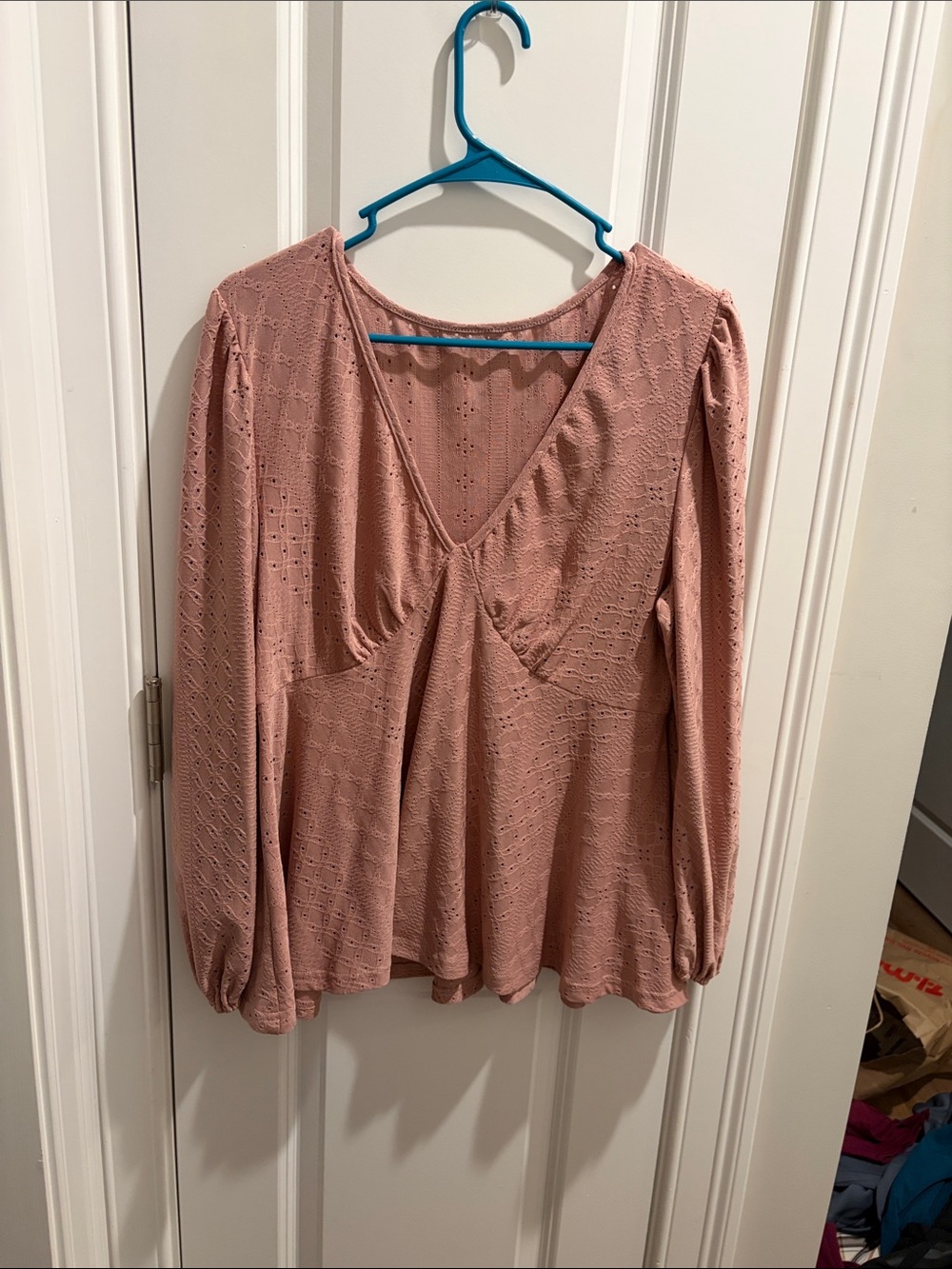 Women's Mauve Eyelet Long-Sleeve V-Neck Top